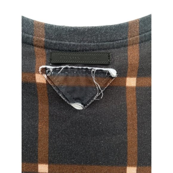 Vintage Prada women’s Large T-shirt Plaid Brown Triangle top Stripes - Picture 2 of 11